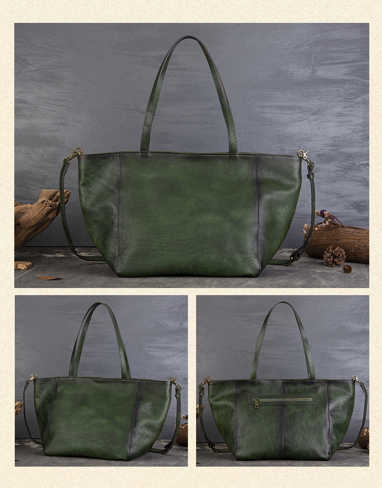 Tanned Cowhide Large Capacity Tote Bag, Genuine Leather One-Shoulder Cross-Span Bag Women's Large Bag Shopping Bag