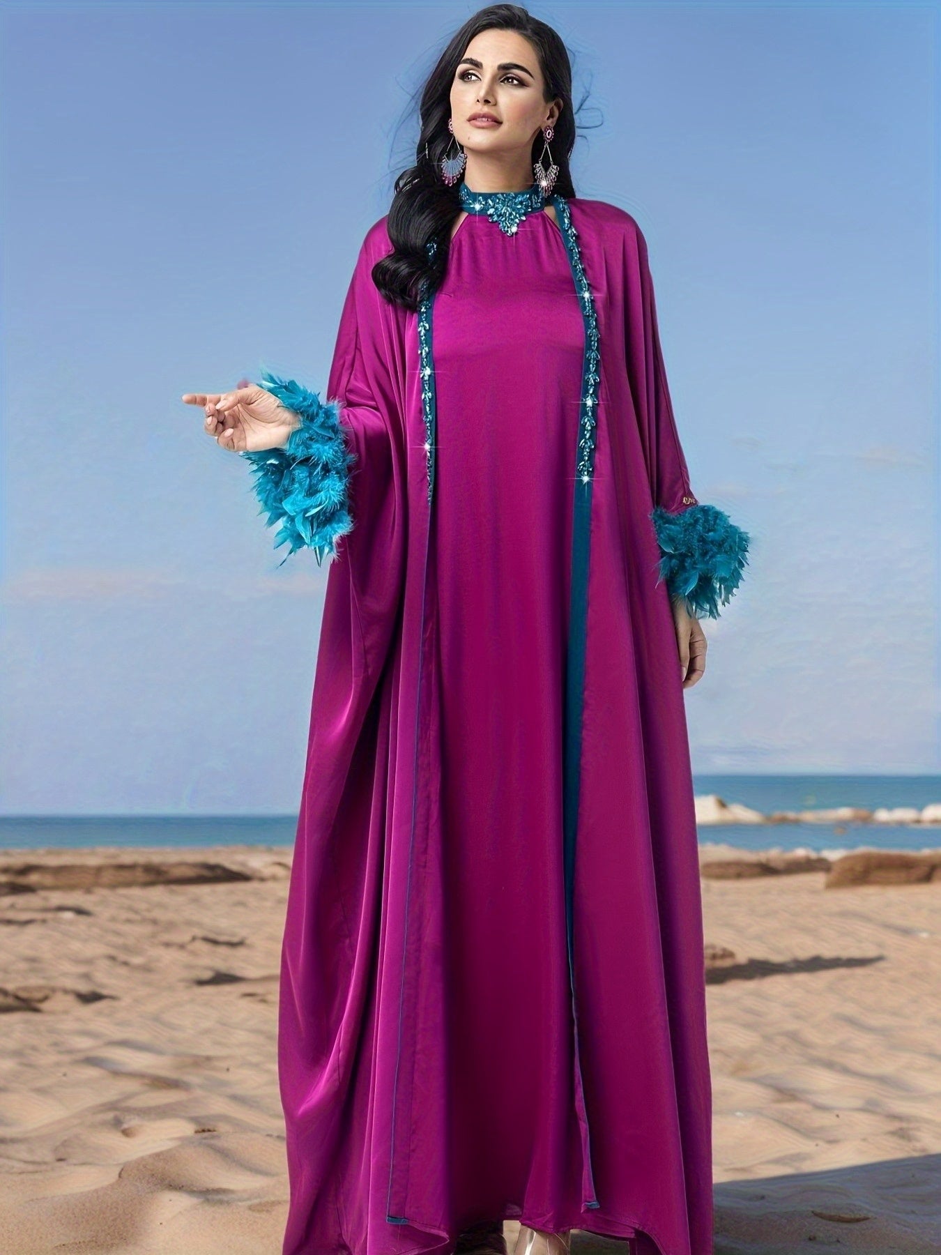 Elegant Purple Three-Piece Robe Set with Blue Sleeves and Sequined Collar, Featuring Modern Abaya Gown With Headscarf for an Air of Sophistication