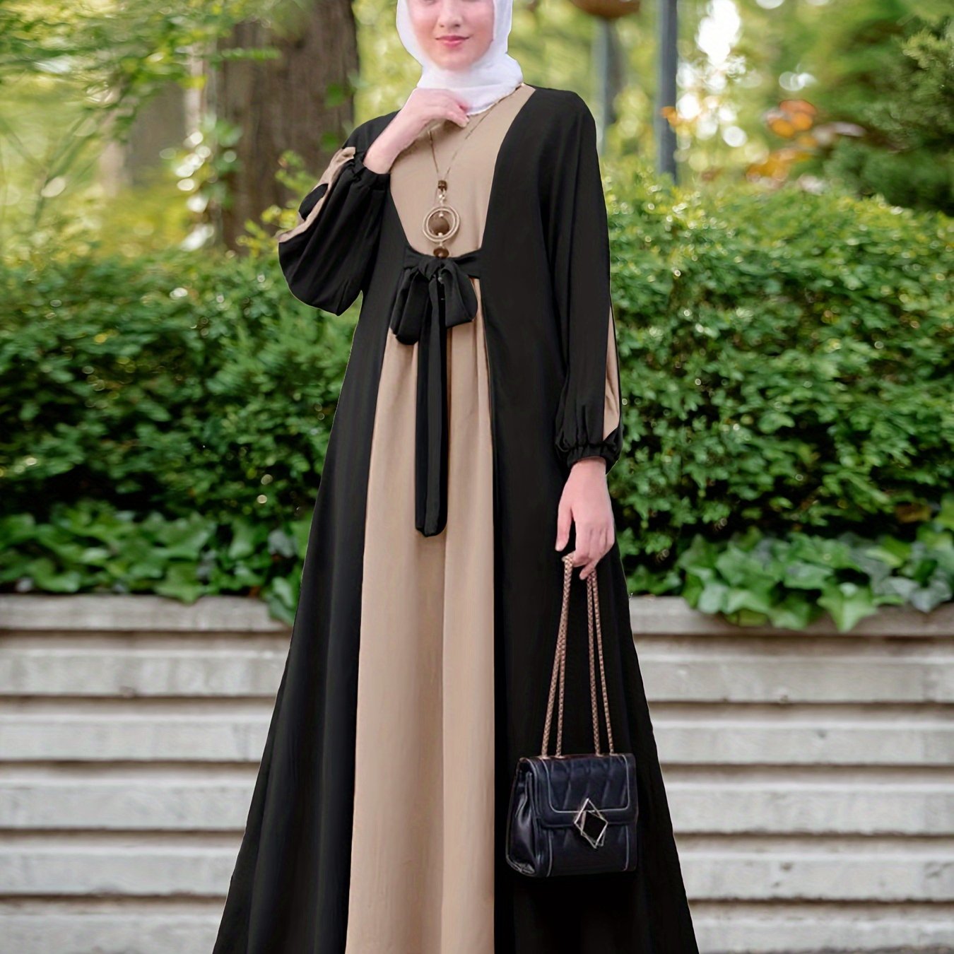 Modest Middle Eastern Baju Abaya Dress - Long Sleeve Round Neck Two-Tone Black & Beige with Adjustable Waist Tie, Non-Stretch Fabric for Ramadan, Daily Wear & Travel, Muslim Dress