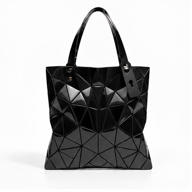 Black Geometric Glossy Structured Tote Bag