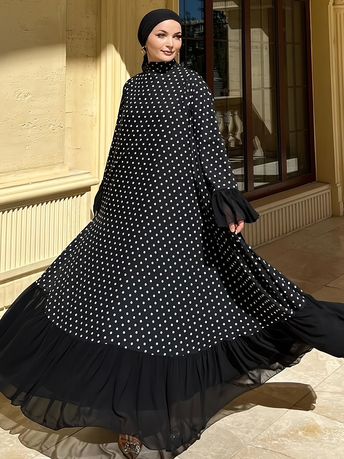 Middle Eastern Inspired Baju Abaya Dress With Polyester And Spandex, Dot Pattern, Machine Washable, All-Season