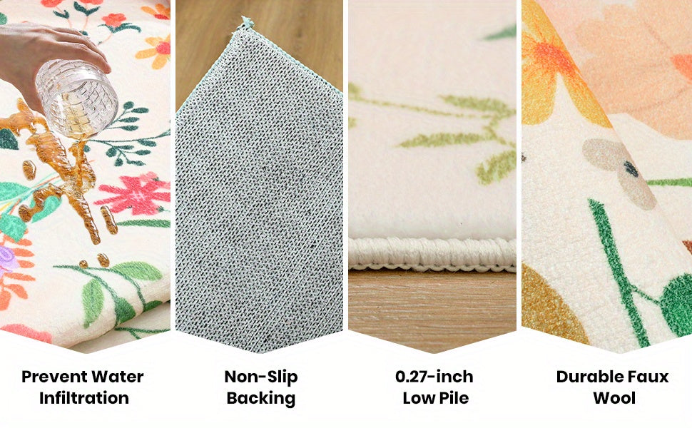 Vibrant Floral Print Area Mat - Soft Beige Imitation Cashmere, Anti-Slip & Machine Washable, Perfect for Living Room, Bedroom, or Home Decor, Rugs for Living Room