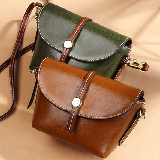 Vintage Genuine Leather Mini Crossbody Bag for Women - Adjustable Strap, Snap Closure, Multiple Compartments, Durable Oil-Edged Trim