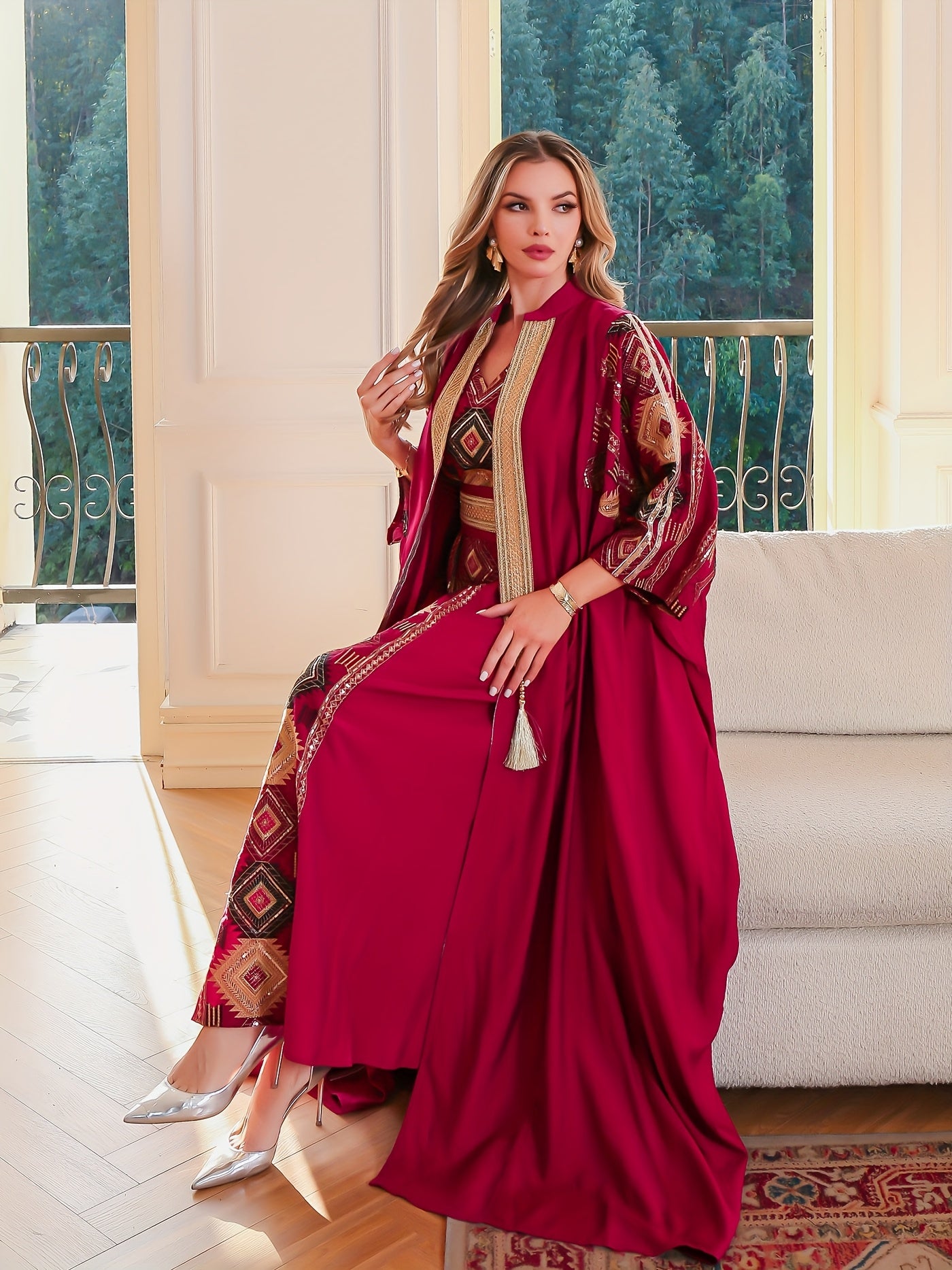 Elegant Middle Eastern Muslim Two-Piece Set - Stylish and Comfortable Design, Perfect for Daily Wear, INS Middle Eastern Pakistani Abaya Muslim Embroidered Long Robe Abaya Light Luxury