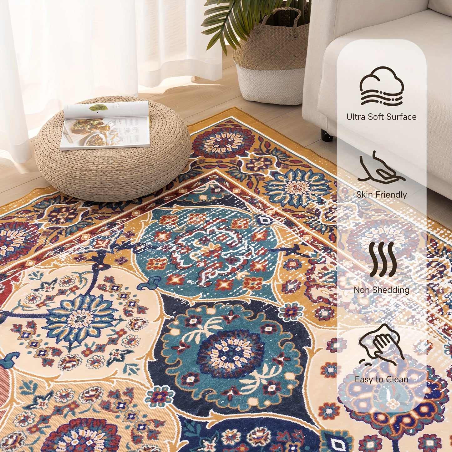 Washable Vintage Medallion Small Mat with Non-Slip Backing Soft and Stain Resistant Non-Shedding Low Plush Floor Mat Pad for Living Room Bedroom Kitchen Home Office