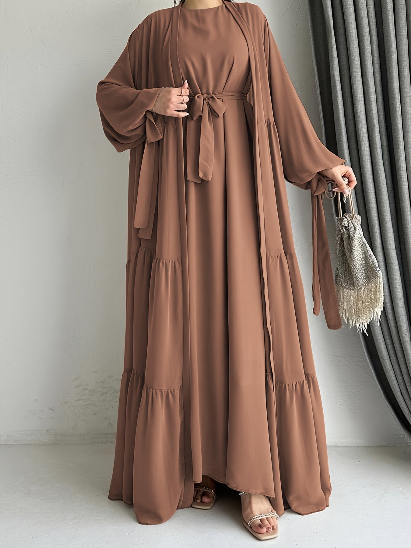 Women's Middle Eastern Palestinian Abaya Dress with Cape Cover - Sleeve Brown Solid Color Modest Traditional Dress, Adjustable Waist Tie Belt, Machine Washable All-Season Wear, Versatile Layering Piece