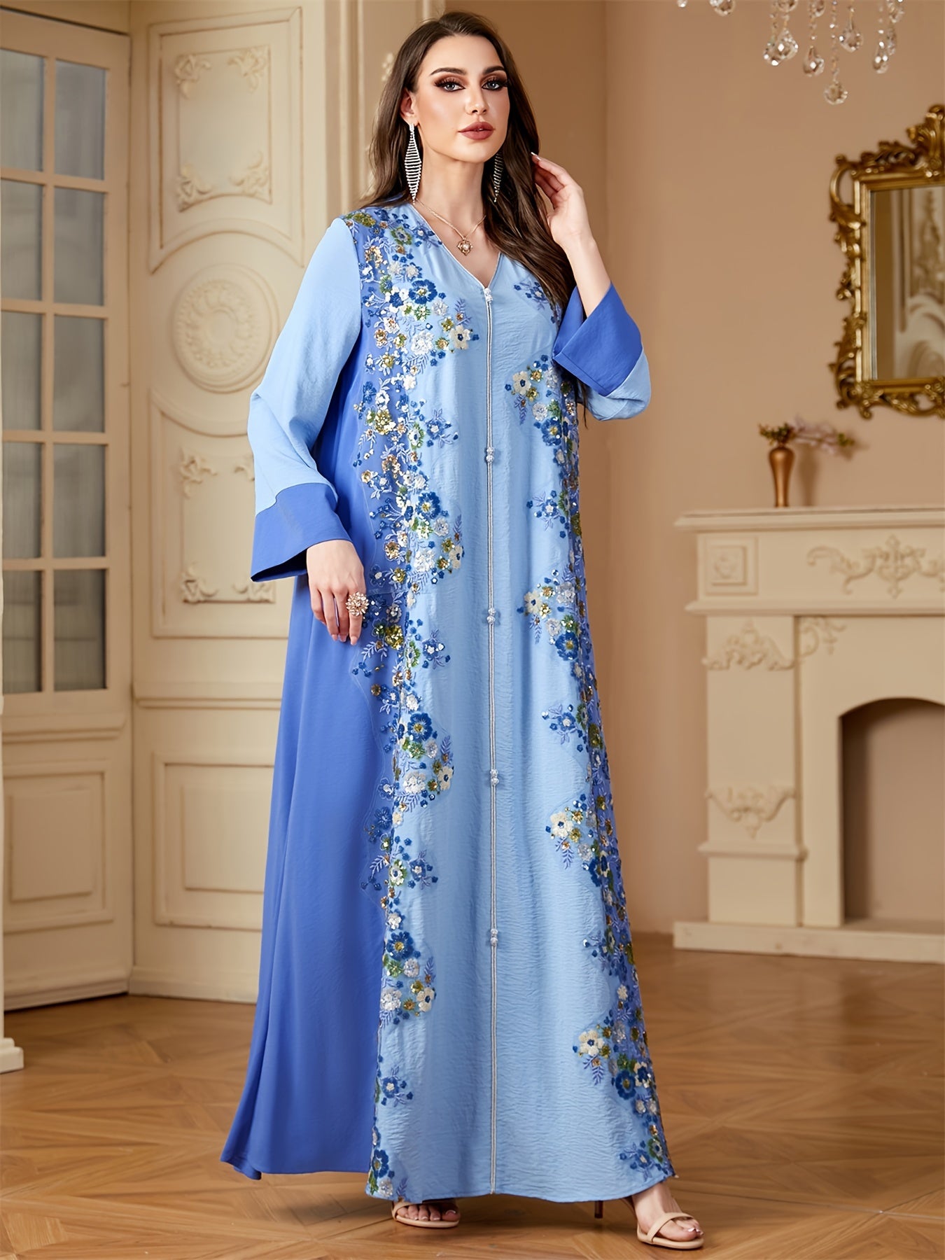 Muslim Women's Elegant Abaya Kebaya - Long Formal & Everyday Islamic Dress with Beaded Neckline, Non-Stretchy Long Sleeve Maxi, for Ramadan, Weddings, Hajj - Modest Wedding Guest Gown, Muslim Dress, Religious Event Attie