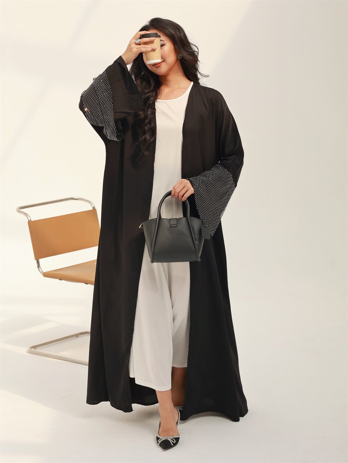 Elegant Middle Eastern Turkish Abaya Kaftan with Rhinestone Sleeves - Black & White Two-Tone Loose Fit Long Robe, Floor-Length Modest Islamic Dress for Women, Hand Wash/Dry Clean