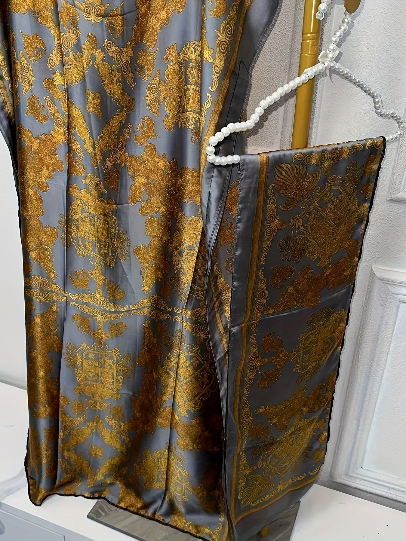 Lightweight Polyester Women's Kaftan Abaya Dress | Golden Floral Print Batwing Sleeve Loose Fit Maxi Dress, Middle Eastern-Inspired Spring Summer Fall Casual to Formal Wear with Scarf