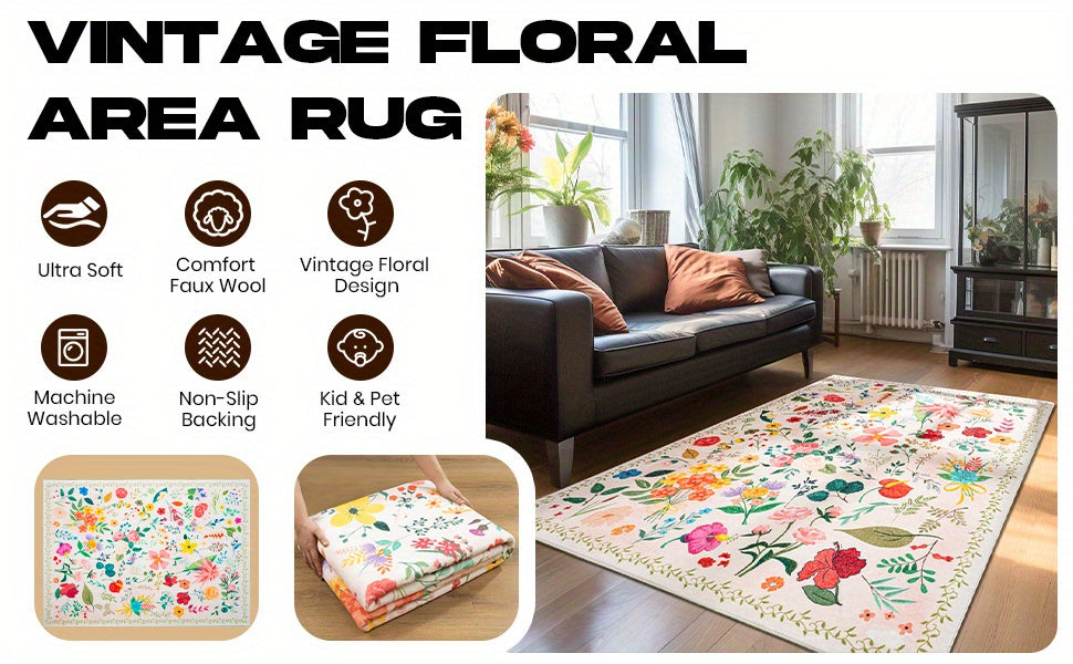 Vibrant Floral Print Area Mat - Soft Beige Imitation Cashmere, Anti-Slip & Machine Washable, Perfect for Living Room, Bedroom, or Home Decor, Rugs for Living Room