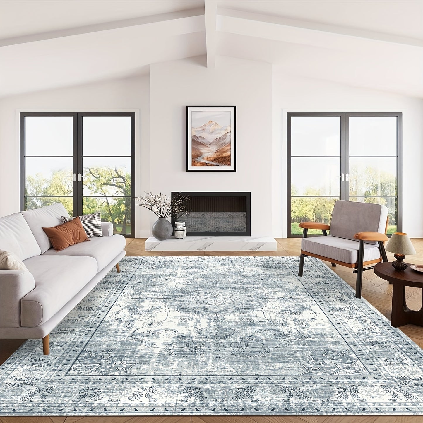 Area Rugs Boho Washable Area Rug For Bathroom, Bedroom, Large Area Rugs For Living Room Dining Room, Bohemian Vintage Non Slip Low Pile Indoor Accent Carpet For Home Office-blue Color Bathroom Mat