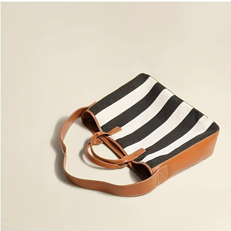 Genuine Leather & Large Capacity Striped Tote Bag for Women - 15-inch Laptop Compartment, Magnetic Closure