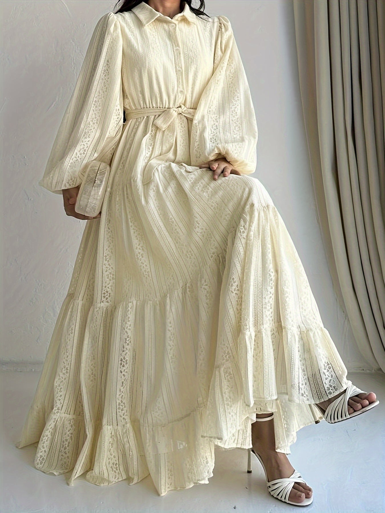 Elegant Women's Palestinian Abaya Dress | Long Sleeve, Floor-Length, Machine Washable, Modest Traditional Robe with Lace Overlay