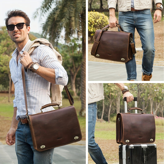 Vintage Crazy Horse Leather Messenger Bag for Men - 15.4 Inch Coffee Brown Laptop Briefcase, Large Capacity Crossbody Shoulder Bag with Secure Flap Closure