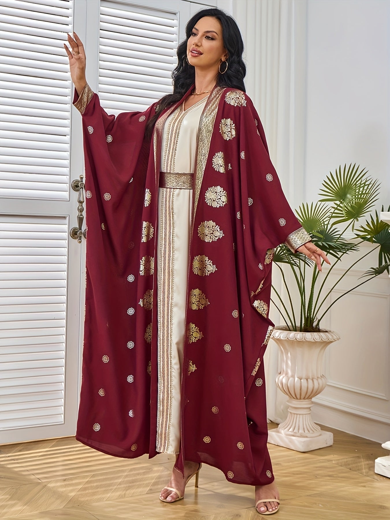 Elegant Maroon & Beige Two-Piece Traditional Dress with Golden Embellishments - Long Sleeve Kaftan Abaya with Batwing Sleeves, Floor-Length Gown for Weddings & Formal Events