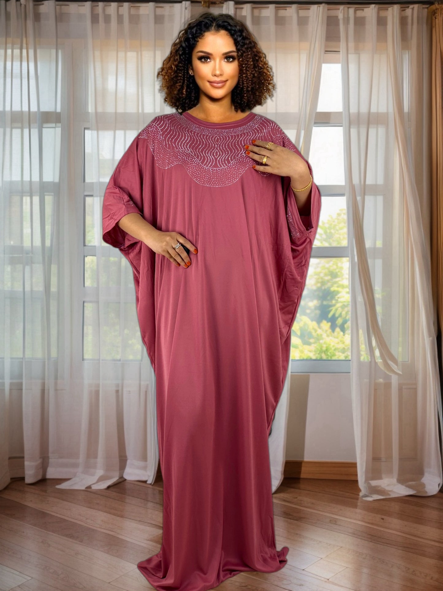 Plus Size, Women's African-Inspired Oversized Turkish Kaftan Abaya with Rhinestone Embellishments - 100% Polyester, Lightweight & Stretchy, Solid Color, All-Season Wear, Hand Wash/Dry Clean