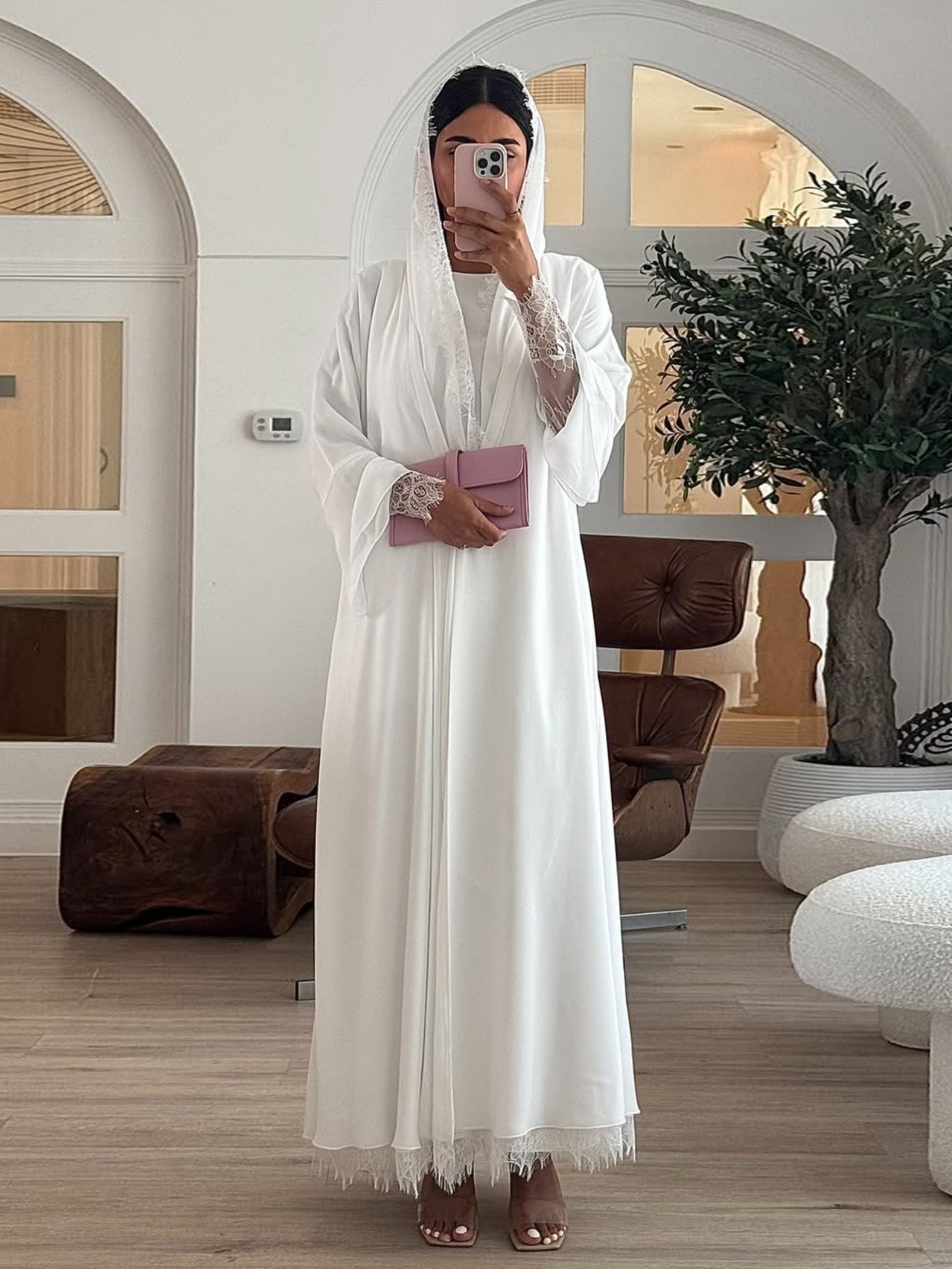 Elegant Middle Eastern Emirati Abaya Robe for Women - Long Sleeve Chiffon & Lace Trim, Solid Color, Non-Stretch Fabric, Spring/Summer Traditional Muslim Dress with Matching Headscarf