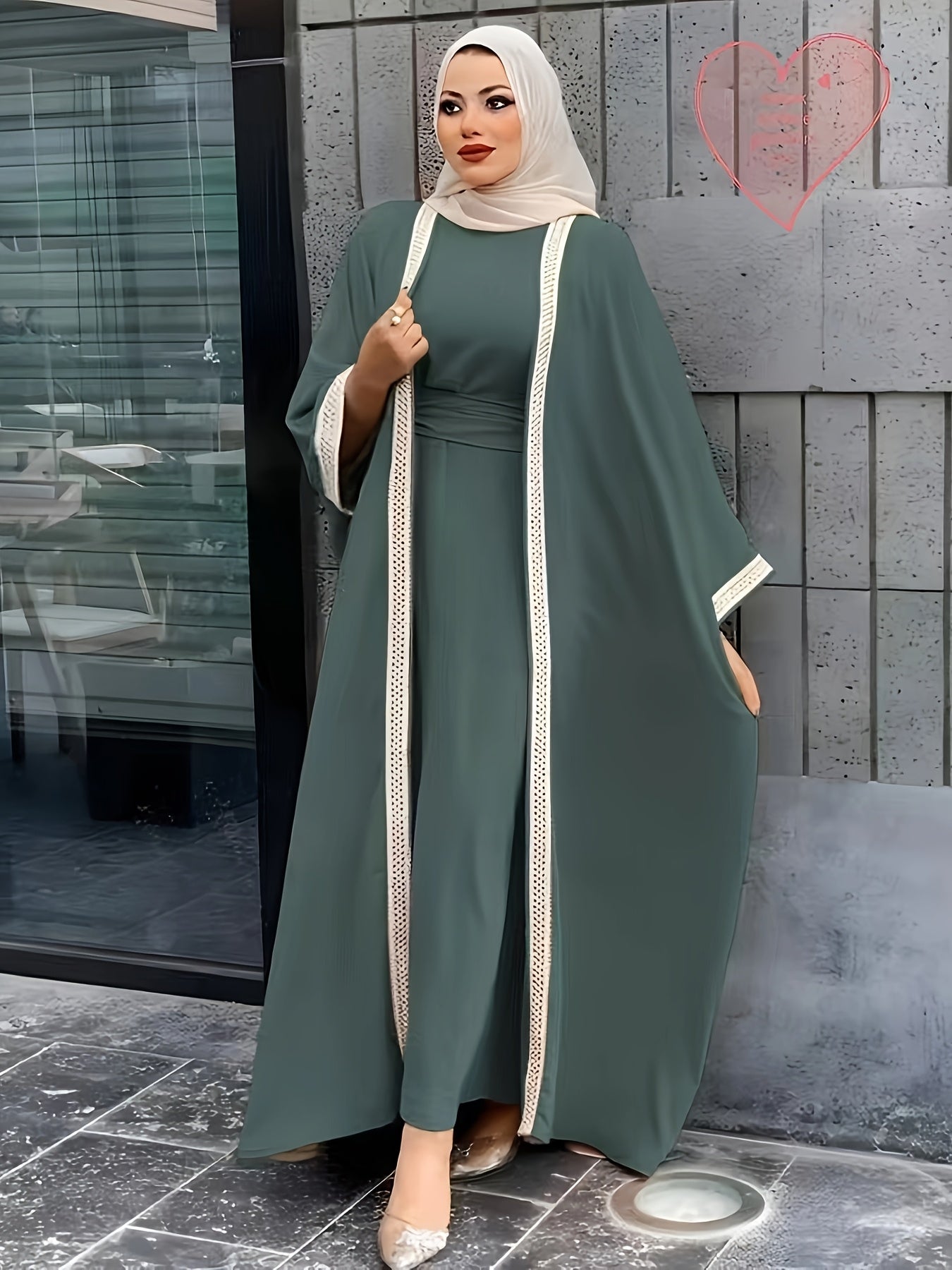 Saudi Arabian Muslim Women's Modest Dress for Eid Dubai Solid Color Arabic Abaya | Islamic Holiday Party Solid Color Turkish Style Long Dress Two-Piece Set | Fashionable Women's Wear