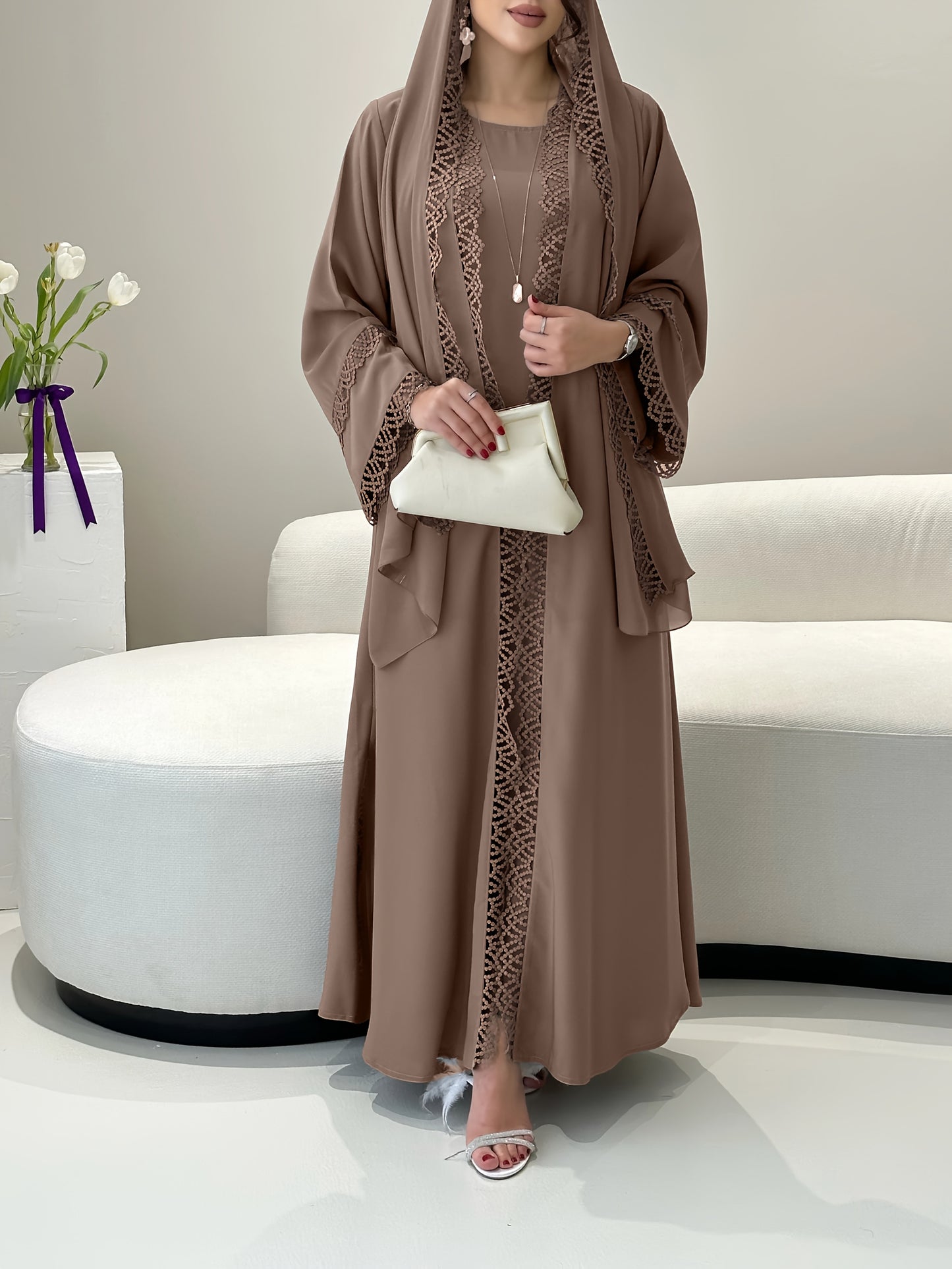 2pcs Muslim Kaftan Abaya Set with Lace Trim | Plus Sleeveless Vest Skirt, Headscarf, for Ramada