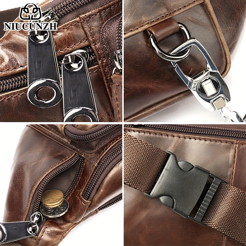 Men's Genuine Leather Sling Bag Crossbody - Lightweight Minimalist design with Multiple Zippered Compartments - Everyday Essentials Organizer for Phone, Wallet, Keys