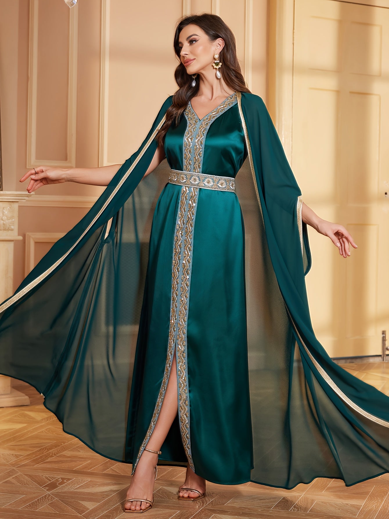 Arabian Middle Eastern Women's Long Abaya Dress Two-Piece Set, Embroidered Decoration, Chiffon V-Neck Dark Green, Elegant and Luxurious Court Style
