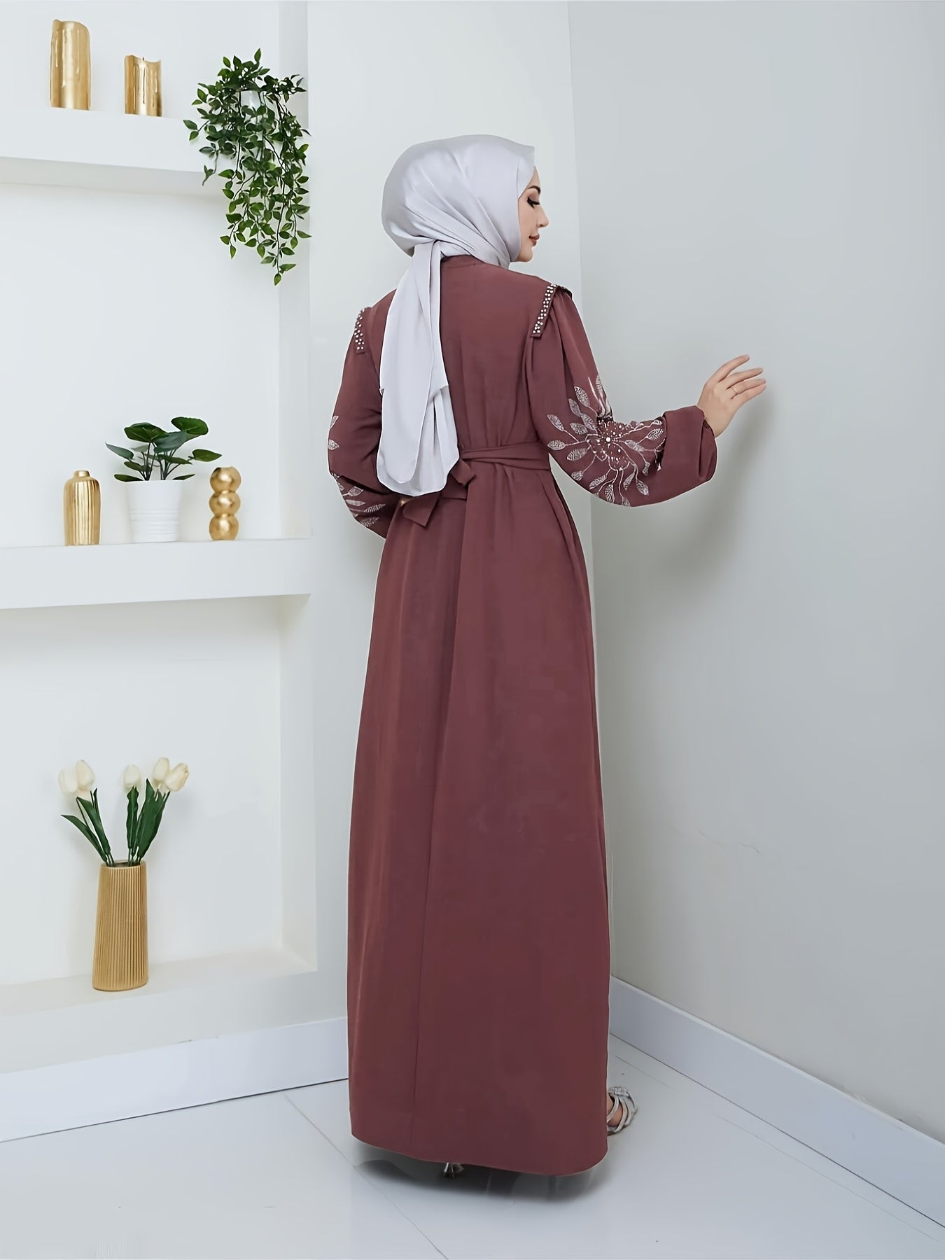 Elegant Middle Eastern-Inspired Rhinestone & Pearl Embellished Long Palestinian Abaya Dress - 100% Polyester Solid Black Floor-Length with Belt, Hand Wash Only for Modest Women