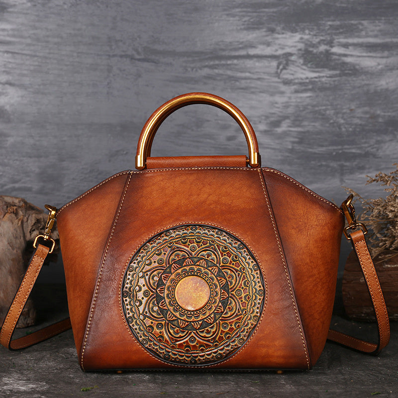 Genuine Leather Women's Handbags, Tote Bags, Large-Capacity Bags, Chinese-Style Crossbody Dumpling Bag, Messenger Bag