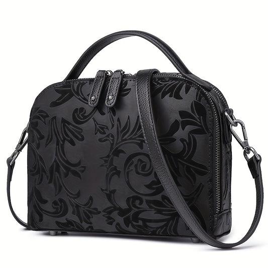 Genuine Leather Vintage Square Crossbody Bag for Women - Adjustable Detachable Shoulder Strap, Zipper Closure & Compartments, Floral Print Purse with Polyester Lining