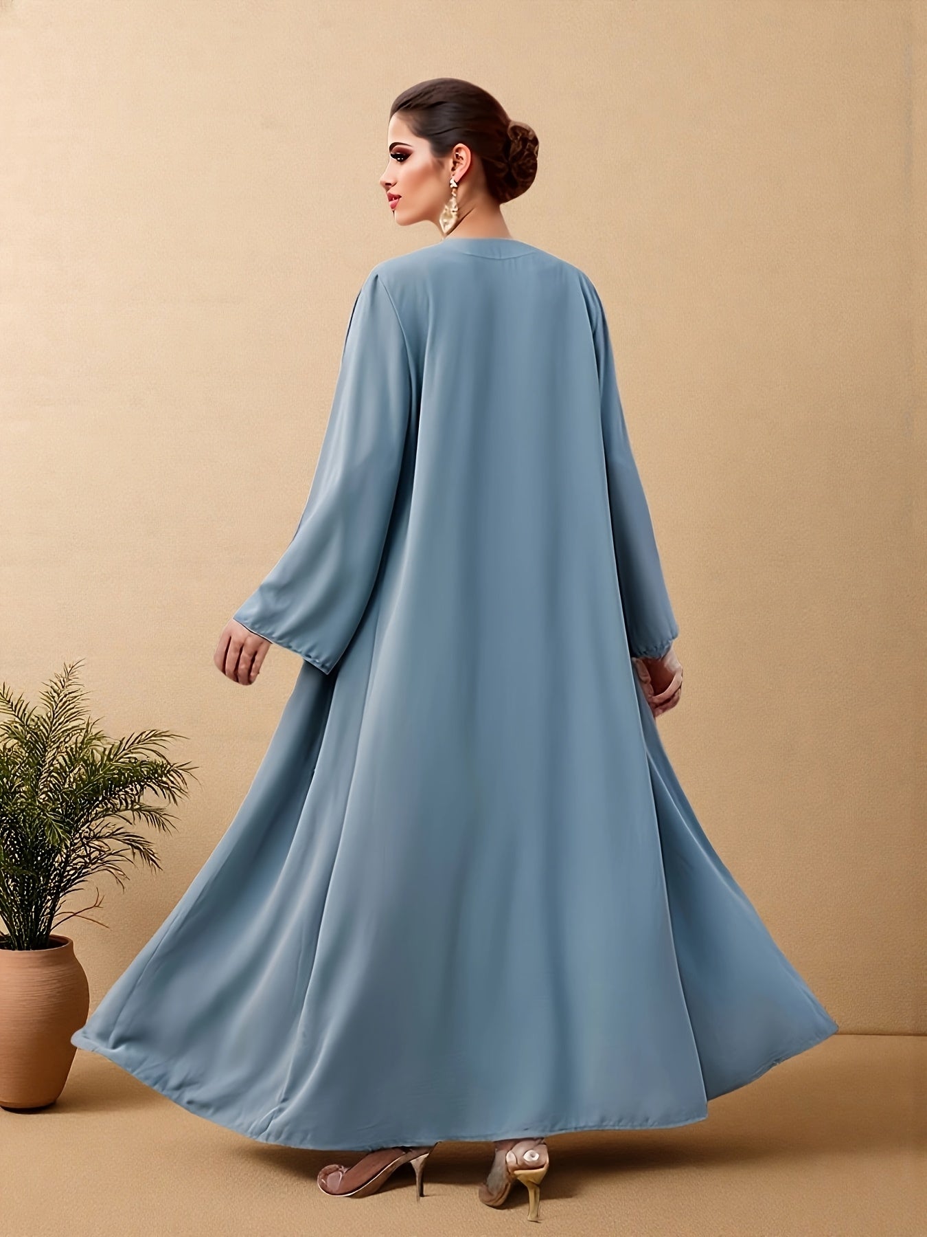 Women's Handmade Blue Rhinestone Abaya Dress - Long Sleeve, Open Front, Lightweight Summer Dress with Intricate Patterns, Perfect for Casual or Cultural Wear, Cultural Attire