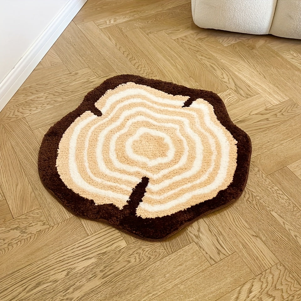 Plush Tufted Area Mat - Thick & Soft Non-Slip TPR Backing, Brown Tree Stump Design with White & Beige Patterns, Unique Circular Shape, Machine Washable for Bedroom, Living Room, Rugs for Bathroom