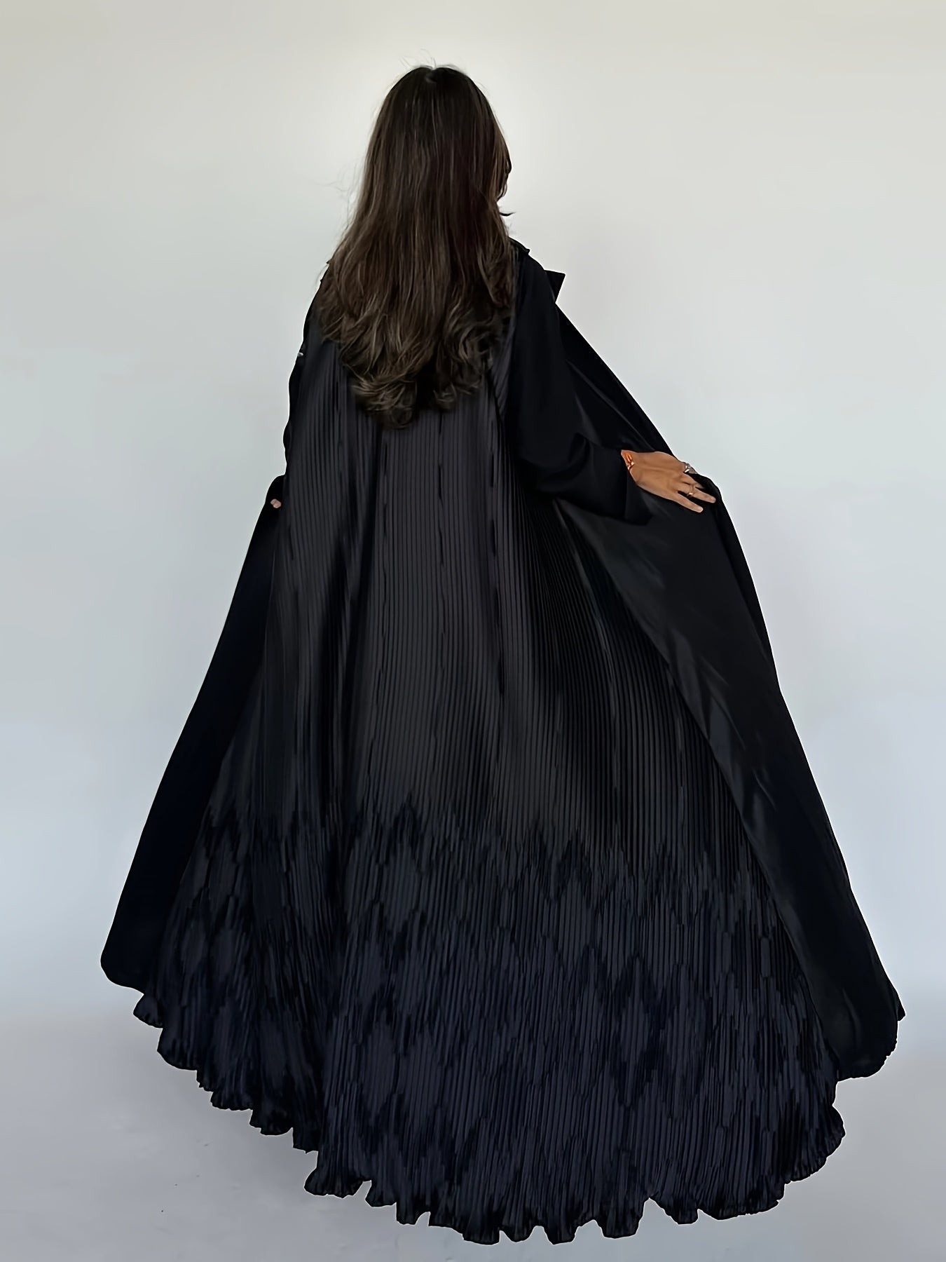 Elegant Black Arabian Fashion Emirati Abaya with Ruffle Detail - V-Neck, Long Sleeve, Floor-Length Kaftan for Women, Casual Style, All-Season Wear, Casual Wear Abaya | Vneck Abaya | Polyester Abaya