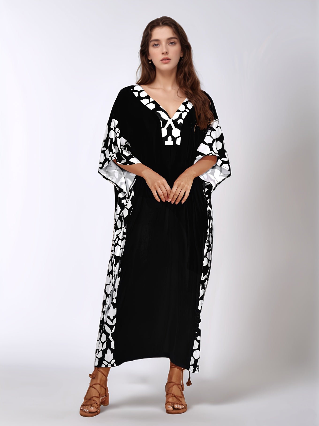 Large Size Long Black Elegant Kaftan Dress with Patchwork Print Loose Beach Bikini Cover, Side Slit Short Sleeved Middle Eastern Long-distance Holiday Style Dress