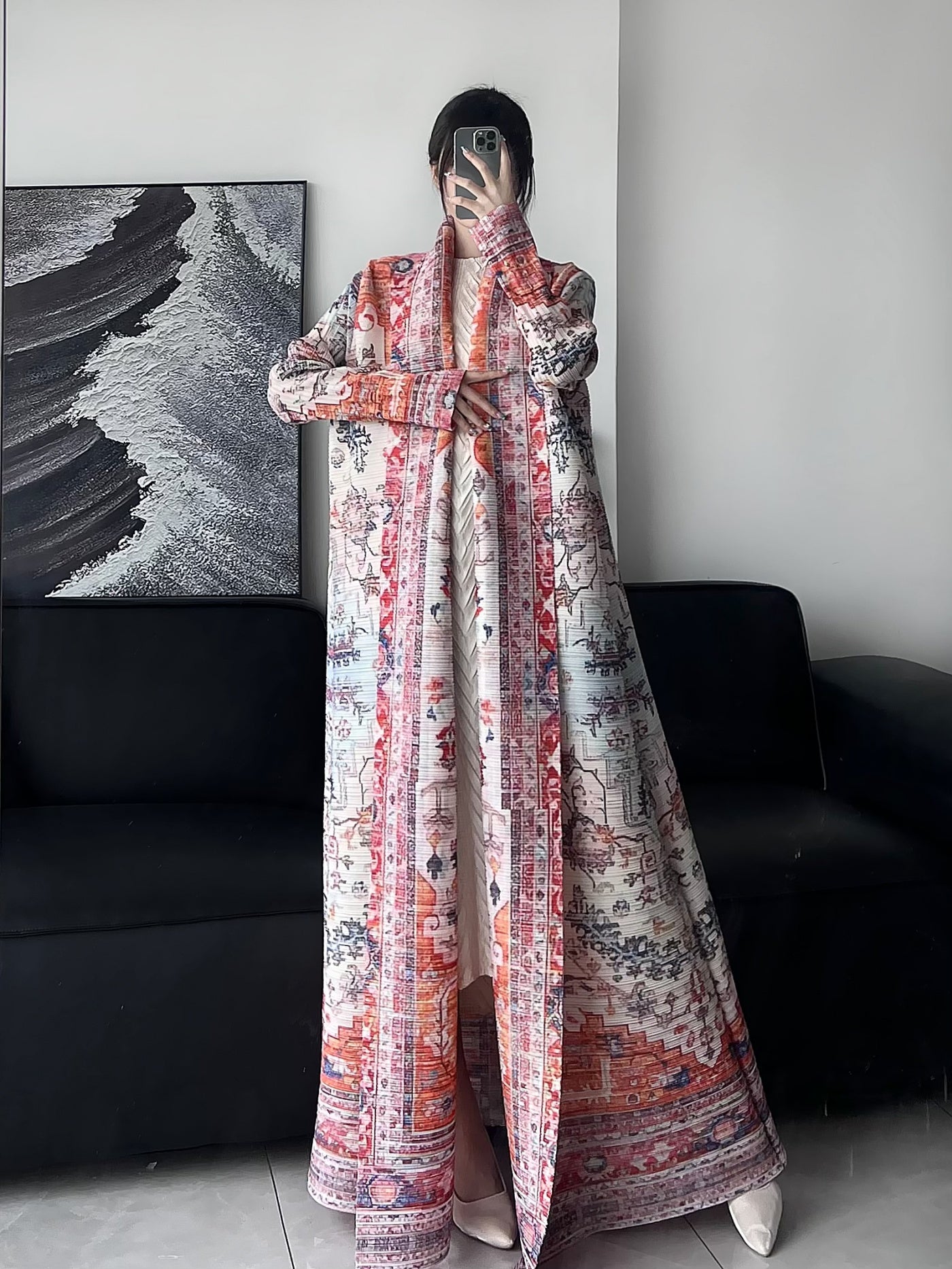 2025 Summer New Collection - Miyake Geometric Print Kimono Cardigan, High Elasticity, Long Sleeve, Open Front Abaya, Loose Fit, Lightweight Fabric, Perfect for Ramadan, Eid Al-Fitr