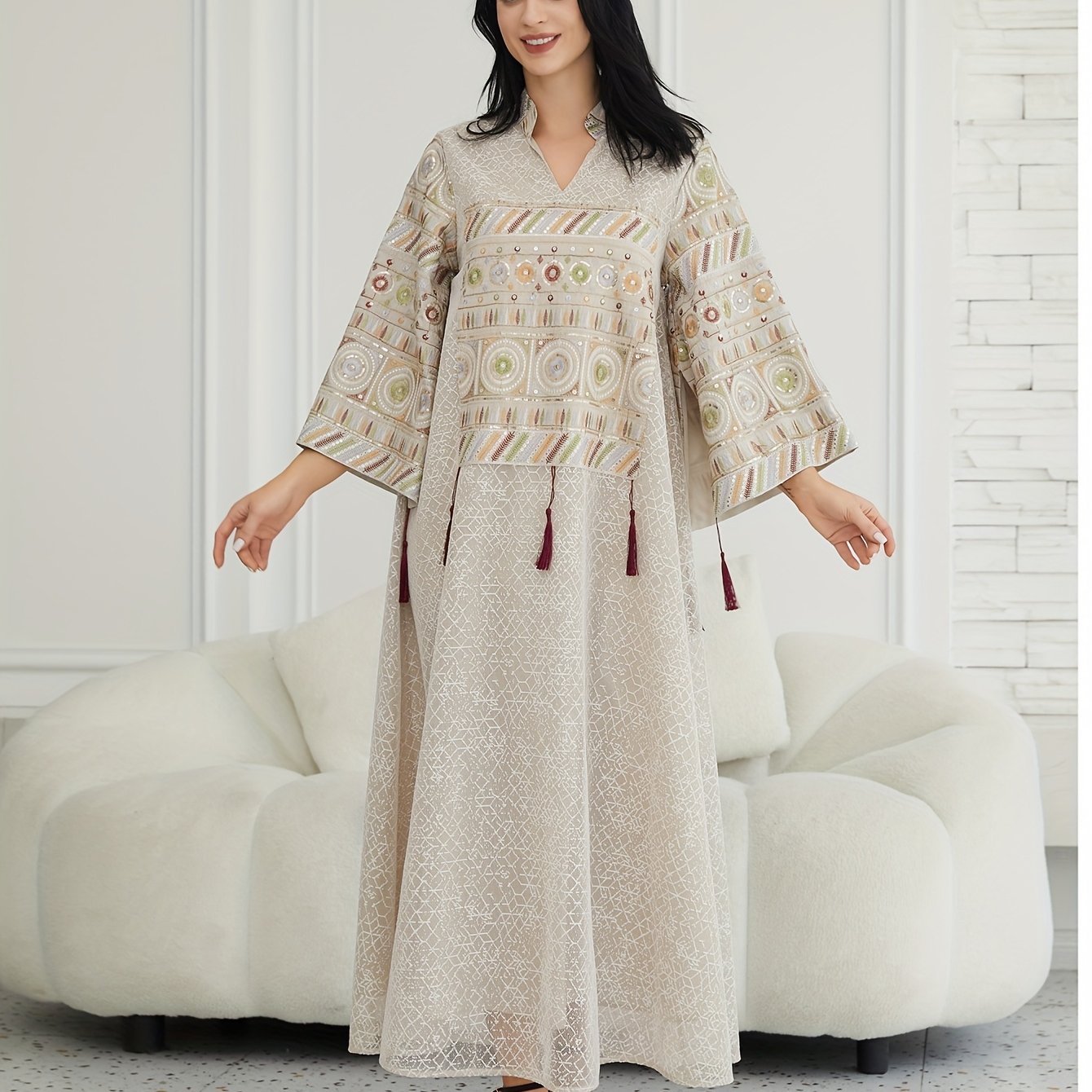 Women's Middle Eastern-Inspired Kaftan Abaya Dress - Luxurious Lightweight Geometric Pattern Long Sleeve Loose Fit Floor-Length Elegant Evening Gown for Spring Summer Fall