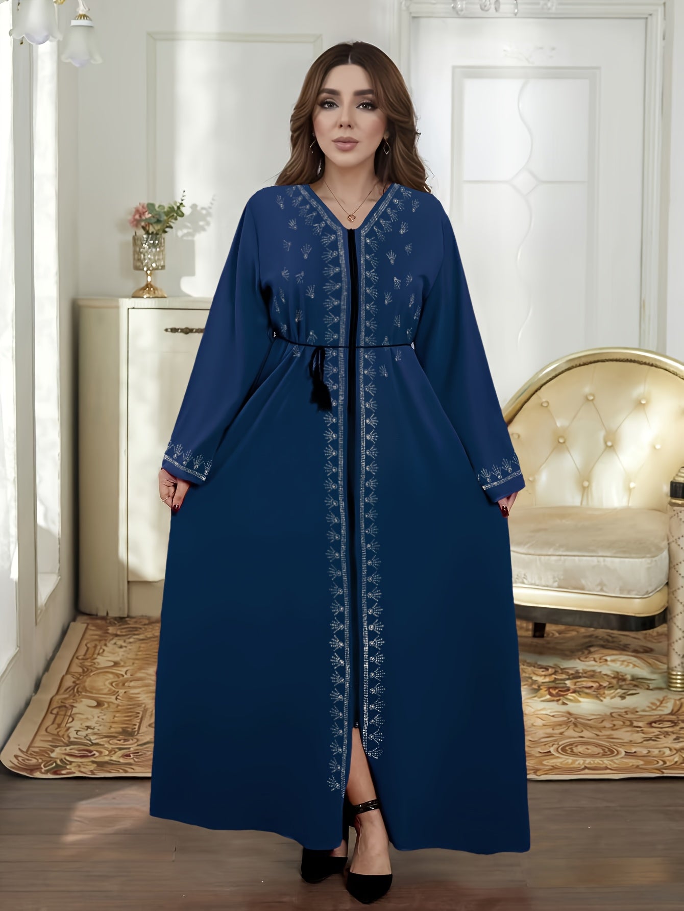 Ramadan 2025 Muslim Women's Open Cardigan Middle Eastern Robe Loose Floor-Length Diamond Studded Long Abaya with Zipper