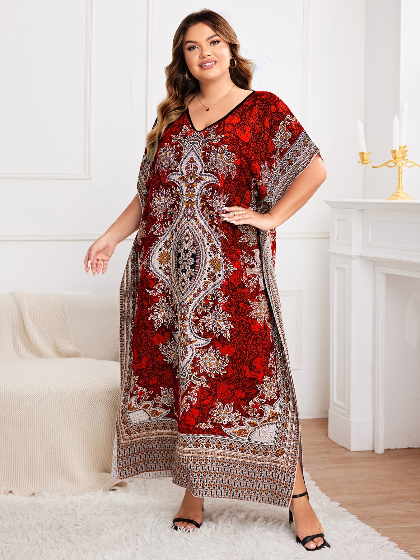 Plus Size, European and American Plus Size Women's Bohemian Vacation Dress with Middle Eastern Kaftan Abaya Style