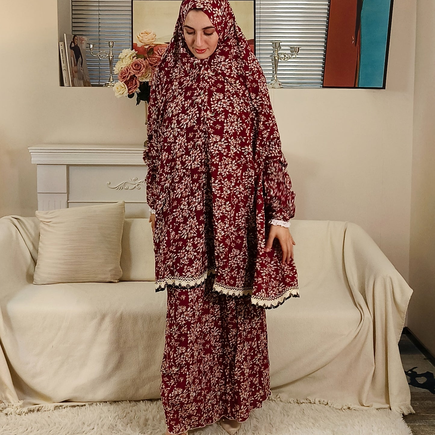 Middle Eastern Women'S Hooded Prayer Robe Two-Piece Set Jilbaab