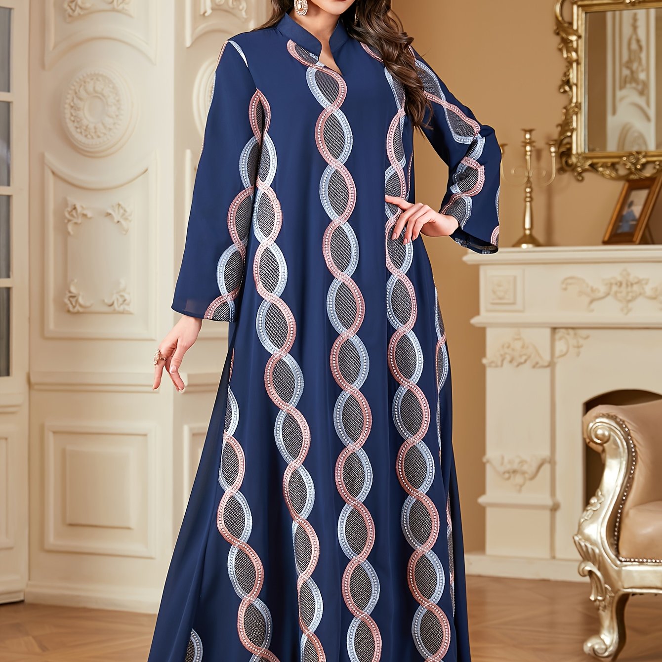 Elegant Navy Blue Embroidered Long Sleeve Maxi Modern Abaya - Stand Collar, A-Line Silhouette, Polyester, Machine Washable, All-Season Wear for Women