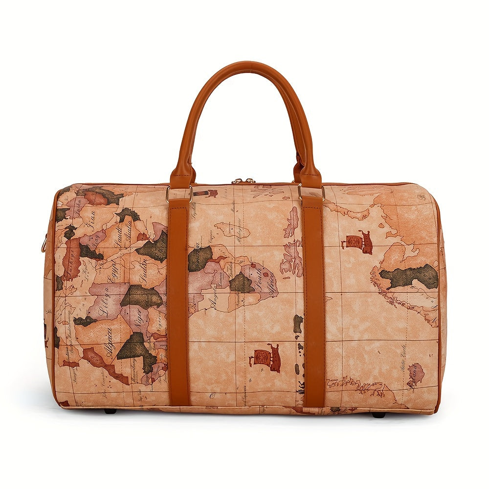 Vintage Leather Map Design Travel Duffel Bag, Large Capacity Luggage with Zipper Closure, Polyester Lined, Edge Painted - Hand Wash/Dry Clean Only, Secure Storage Bag | Retro Style Suitcase | Bag, Luggage for Travel