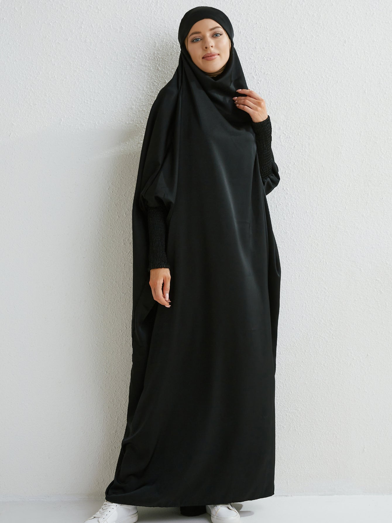 Elegant Loose-Fit Abaya Robe with Built-In Headscarf - Modest Ramadan Prayer Dress, Long Sleeve Butterfly Cuff Traditional Middle Eastern Full-Length Cover Dress, Solid Color Machine Washable, Religious Attire, Allseason Wear