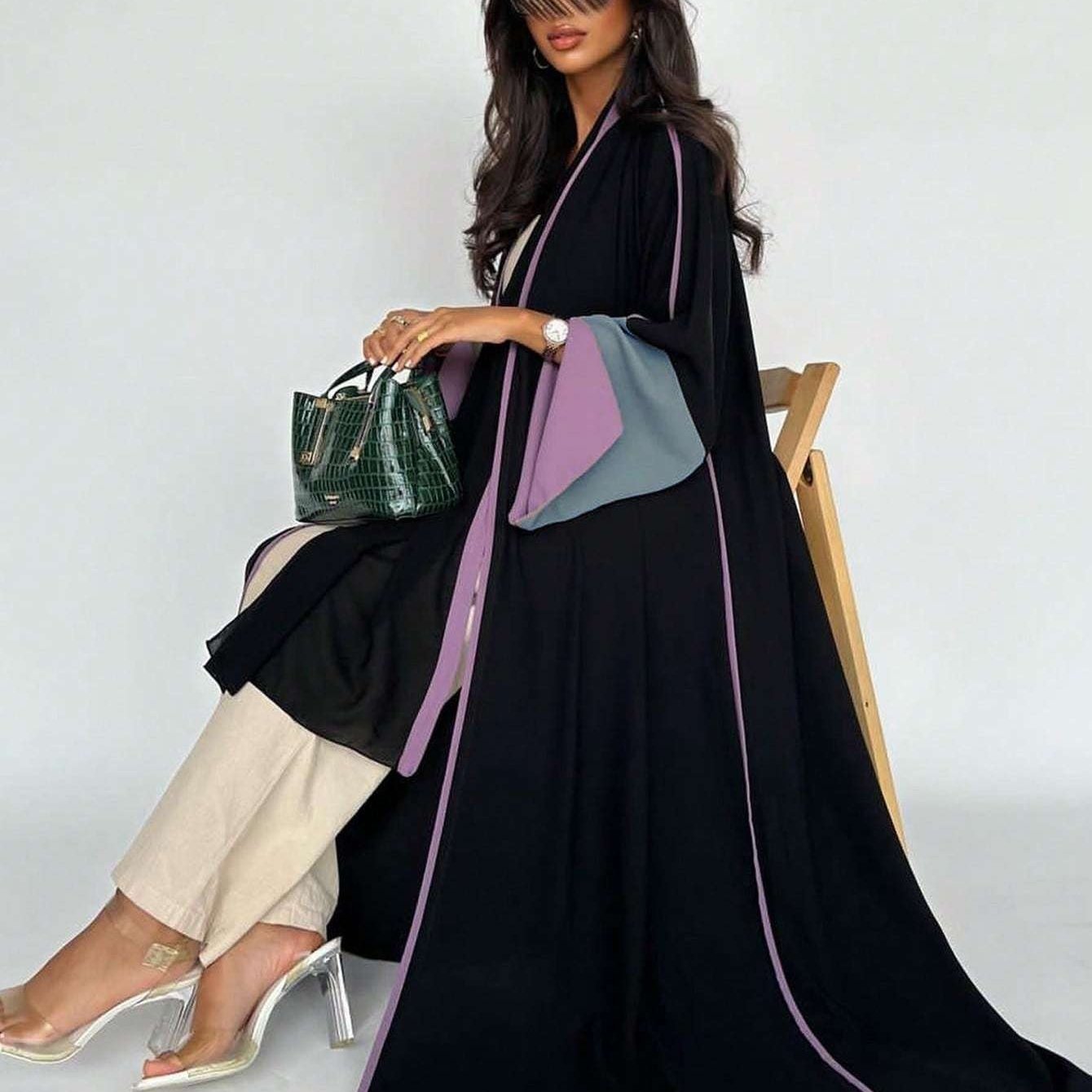 Plus Size - 1pc Plus Size Women's Abaya Burqa - Elegant Color Block Design, Loose Fit Long Sleeve with Open Front, Black & Blue Geometric Pattern, Perfect for Festive Occasions