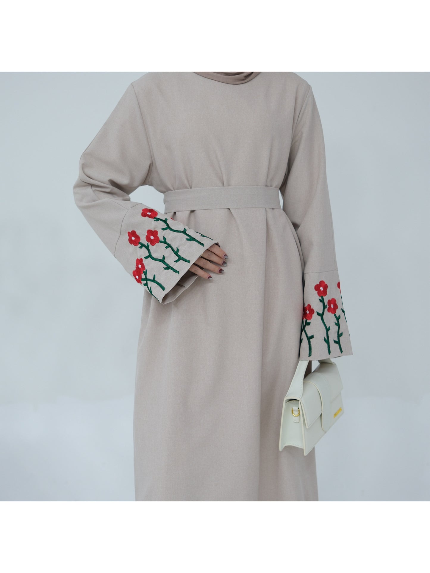 Women's Arabic/Turkish Abaya Dress - Long robe with Red Floral embroidery, Beige wedding & Everyday Islamic gown, Machine Washable Middle Eastern Turkish Abaya for Women, Modest Apparel