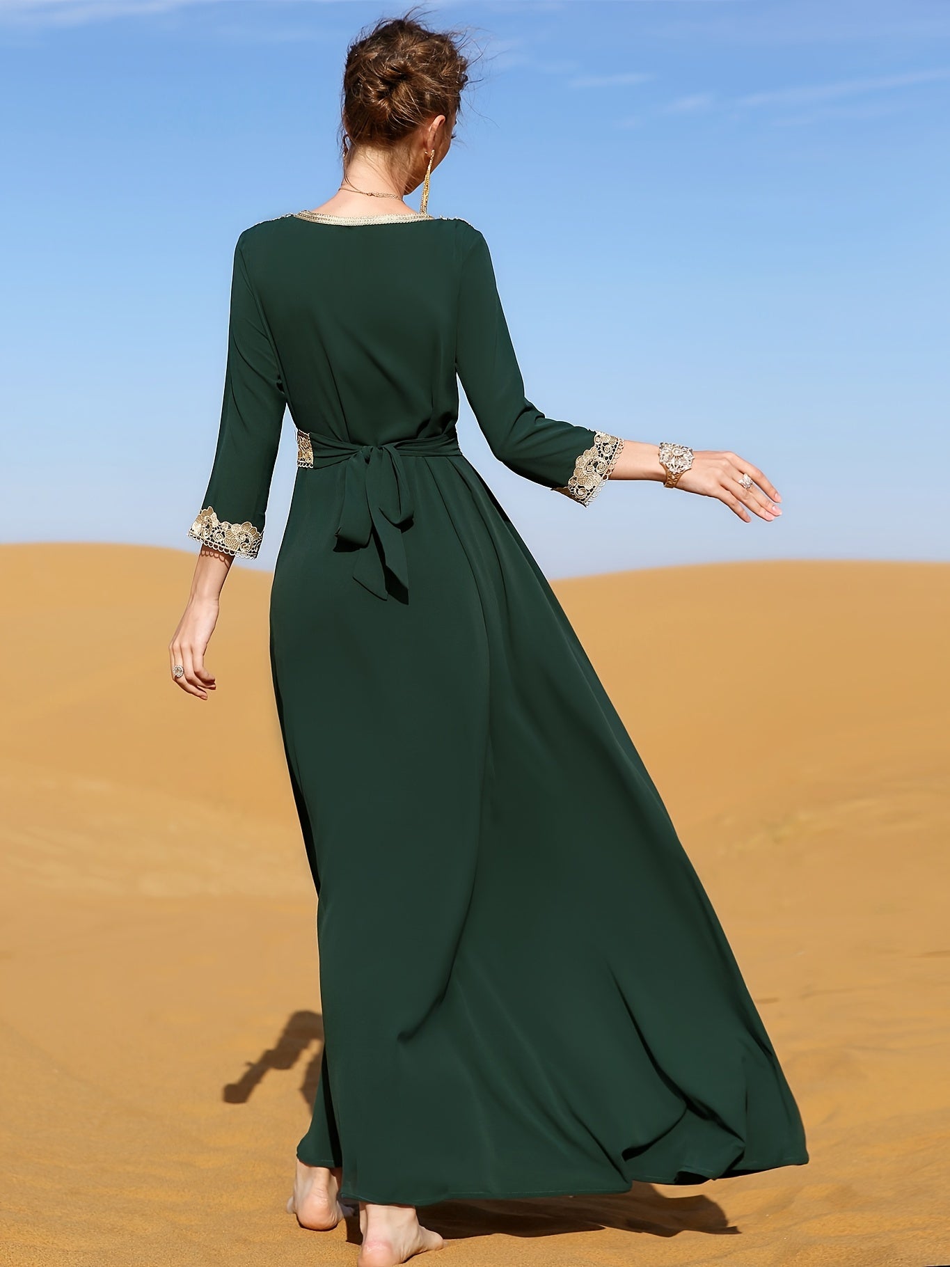 Elegant Golden Contrast Lace Detail Maxi Palestinian Abaya - V-Neck, Long Sleeve, Polyester, Formal or Evening Wear for Women, Formal Occasion Attire | Lace Detailing | Polyester Fabric
