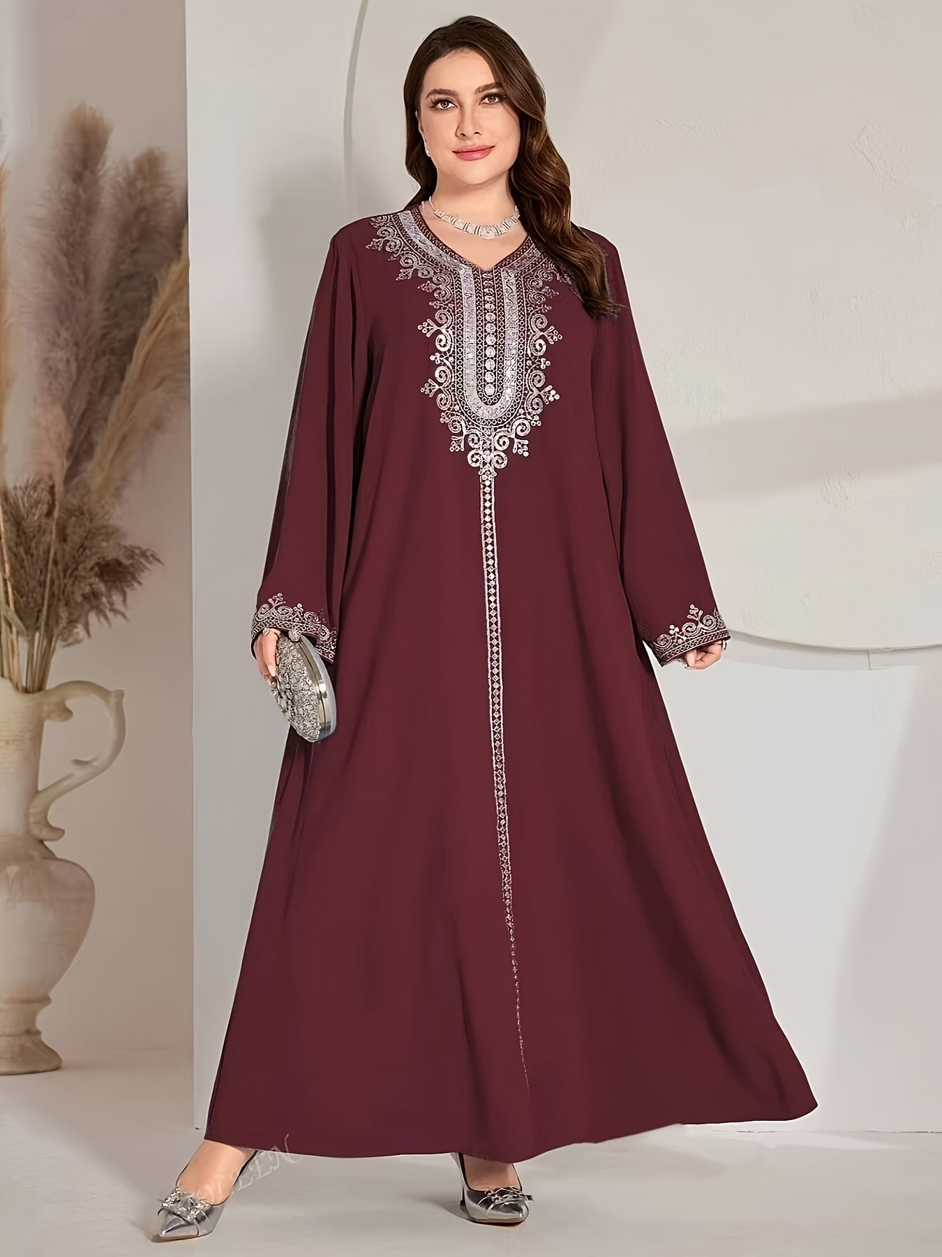 Plus Size Ethnic V-Neck Long Sleeve Arabic Abaya with White Floral Print on Wine Red - Loose Fit H-Line Silhouette, Machine Washable Middle Eastern-Inspired Casual to Formal Wear