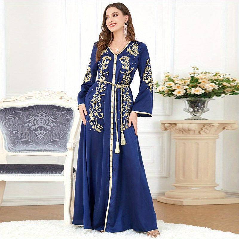 Plants Print V-neck Slit Kaftan Abaya, Long Sleeve Dress, Women's Clothing