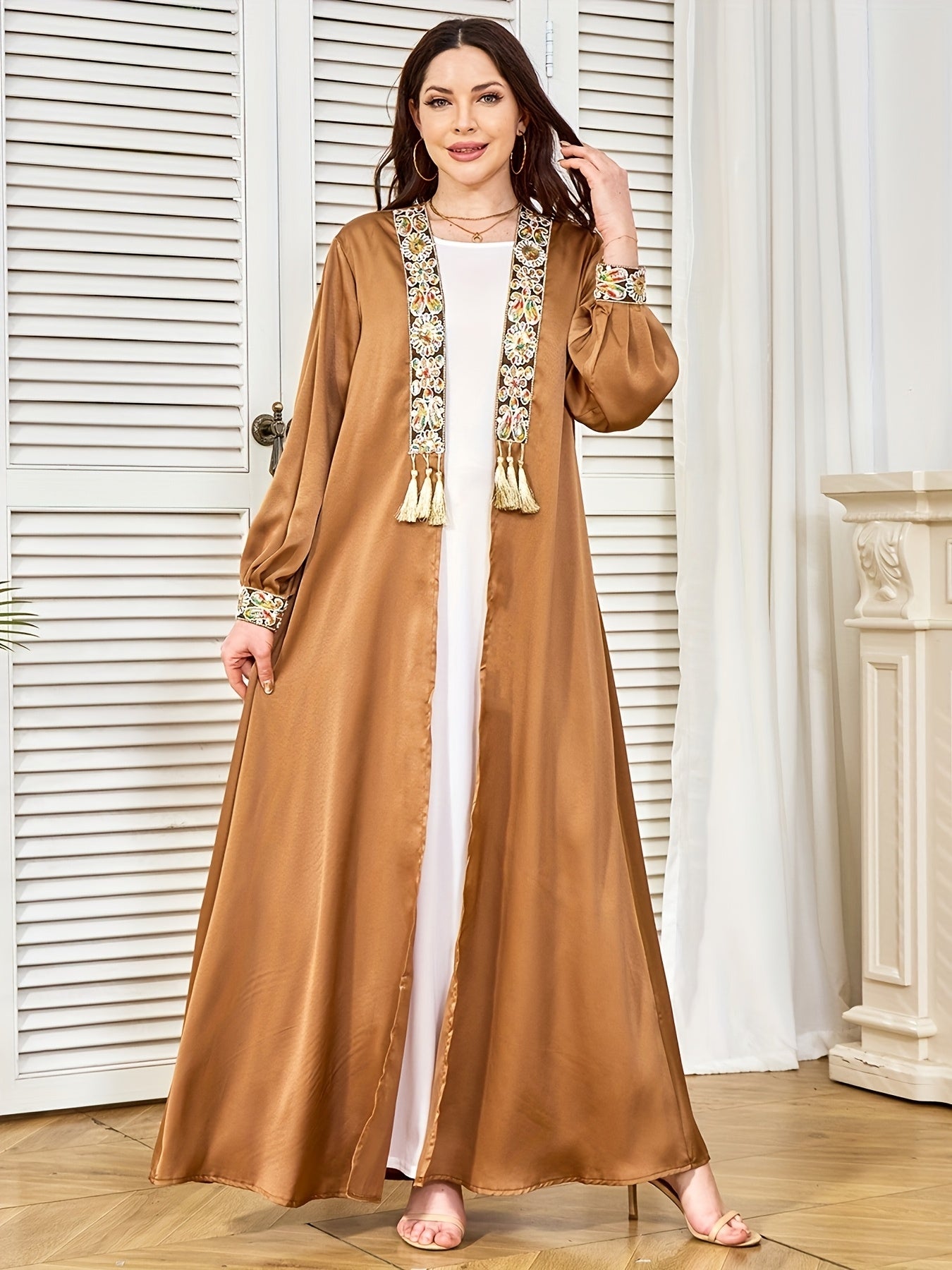 Middle East Dubai New Evening Dress Muslim Women's Open Front Tassel Pendant Abaya Two-Piece Set