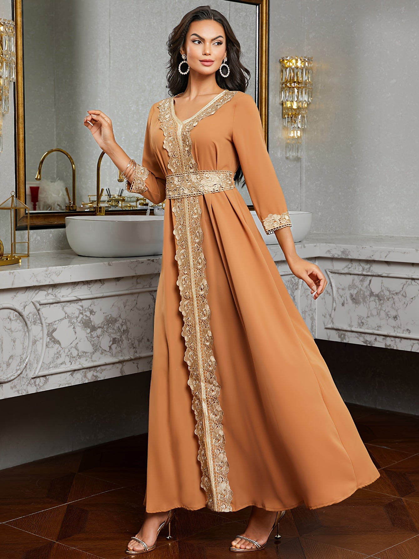 Elegant Golden Contrast Lace Detail Maxi Palestinian Abaya - V-Neck, Long Sleeve, Polyester, Formal or Evening Wear for Women, Formal Occasion Attire | Lace Detailing | Polyester Fabric