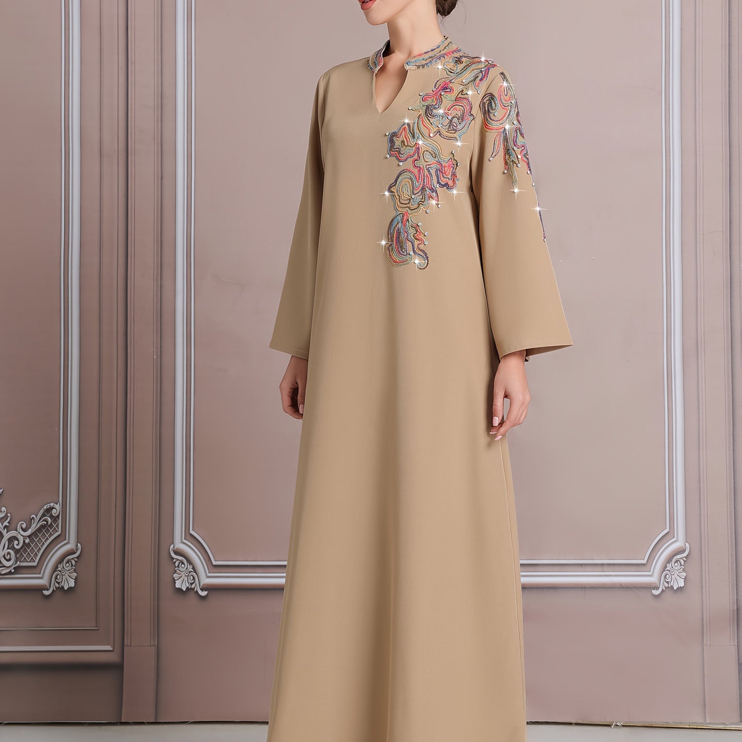 Elegant Dubai-Inspired Modern Kaftan Abaya for Women - Colorful Embroidered Long Robe with Large Size, Beige Abaya, Middle Eastern Fashion, Fashionable Clothing