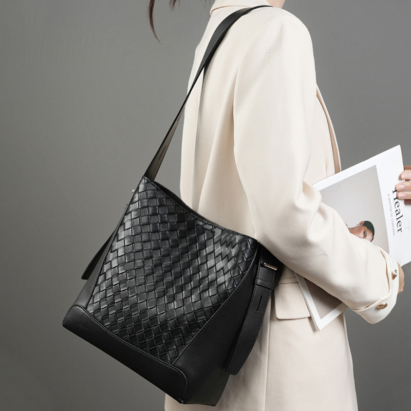 Genuine Leather Woven Tote Bag for Women - Large Capacity Crossbody Shoulder Bag with Adjustable Strap, Zipper Closure & Polyester Lining