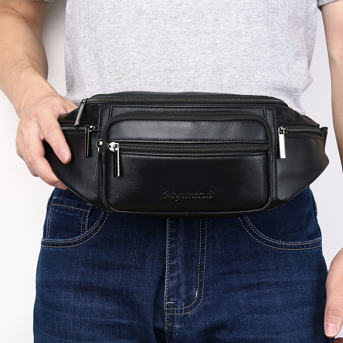 Men's Genuine Leather Belt Bag, Casual Top Layer Cowhide Fanny Pack, Black, with Adjustable 35.43inch Strap, Crossbody